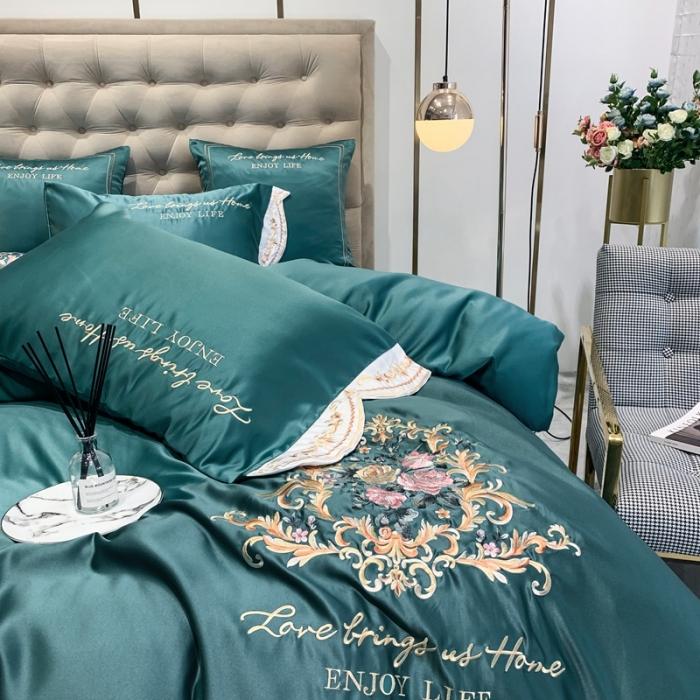 91家纺网 家纺一手货源 找家纺 安妮 2020新款AB版水洗真丝贡缎全棉四件套 墨绿