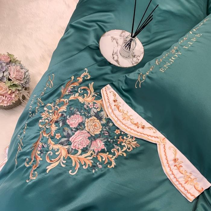 91家纺网 家纺一手货源 找家纺 安妮 2020新款AB版水洗真丝贡缎全棉四件套 墨绿