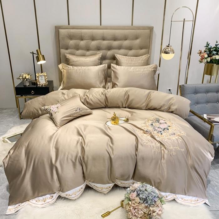 91家纺网 家纺一手货源 找家纺 安妮 2020新款AB版水洗真丝贡缎全棉四件套 浅咖