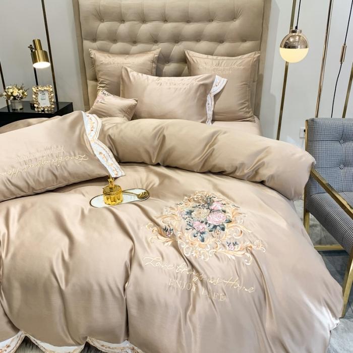 91家纺网 家纺一手货源 找家纺 安妮 2020新款AB版水洗真丝贡缎全棉四件套 浅咖