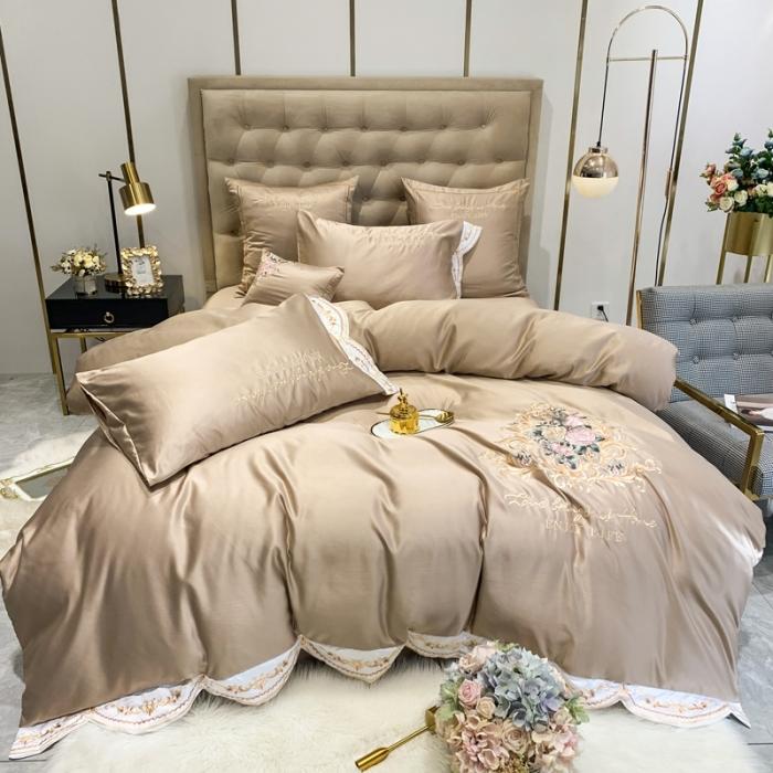 91家纺网 家纺一手货源 找家纺 安妮 2020新款AB版水洗真丝贡缎全棉四件套 浅咖