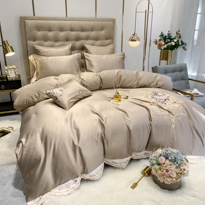 91家纺网 家纺一手货源 找家纺 安妮 2020新款AB版水洗真丝贡缎全棉四件套 浅咖