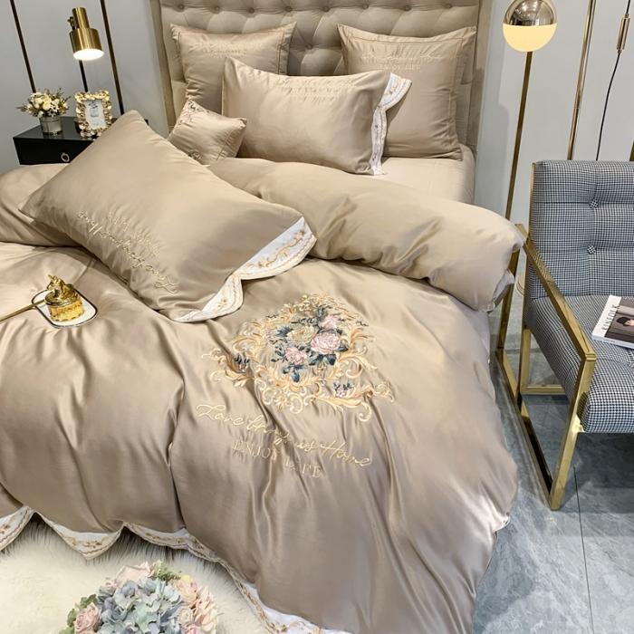 91家纺网 家纺一手货源 找家纺 安妮 2020新款AB版水洗真丝贡缎全棉四件套 浅咖