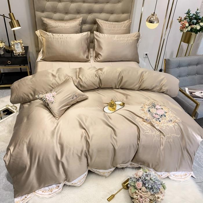 91家纺网 家纺一手货源 找家纺 安妮 2020新款AB版水洗真丝贡缎全棉四件套 浅咖