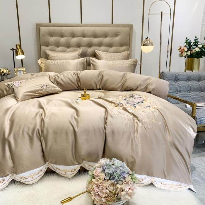 91家纺网 家纺一手货源 找家纺 安妮 2020新款AB版水洗真丝贡缎全棉四件套 浅咖