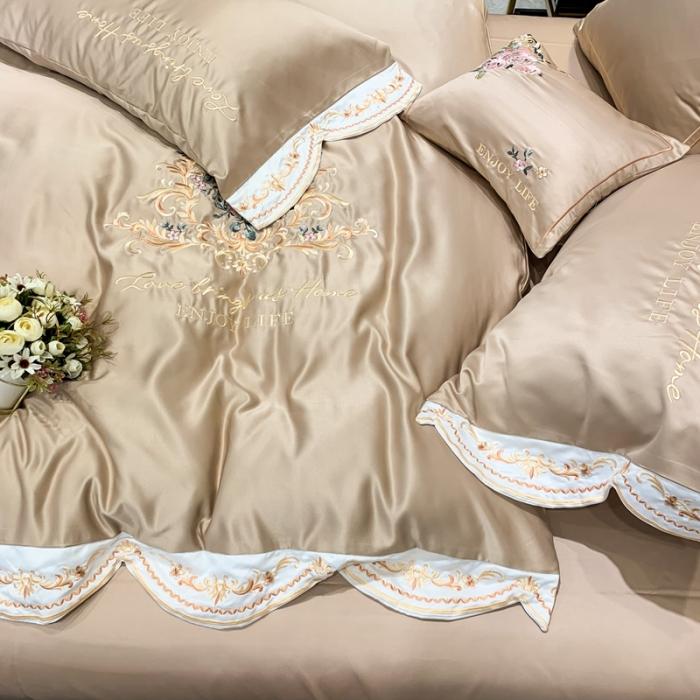 91家纺网 家纺一手货源 找家纺 安妮 2020新款AB版水洗真丝贡缎全棉四件套 浅咖