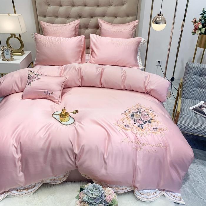 91家纺网 家纺一手货源 找家纺 安妮 2020新款AB版水洗真丝贡缎全棉四件套 玉粉