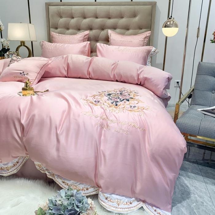 91家纺网 家纺一手货源 找家纺 安妮 2020新款AB版水洗真丝贡缎全棉四件套 玉粉