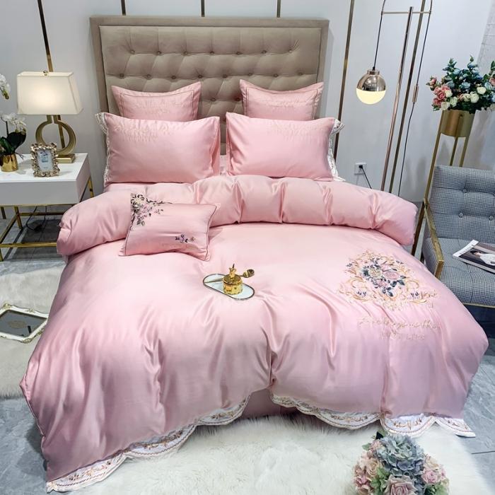 91家纺网 家纺一手货源 找家纺 安妮 2020新款AB版水洗真丝贡缎全棉四件套 玉粉