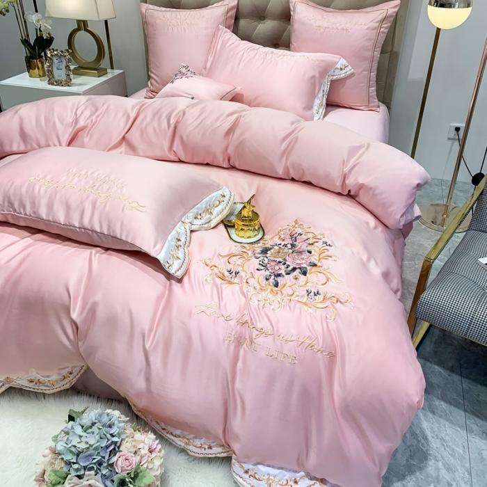 91家纺网 家纺一手货源 找家纺 安妮 2020新款AB版水洗真丝贡缎全棉四件套 玉粉