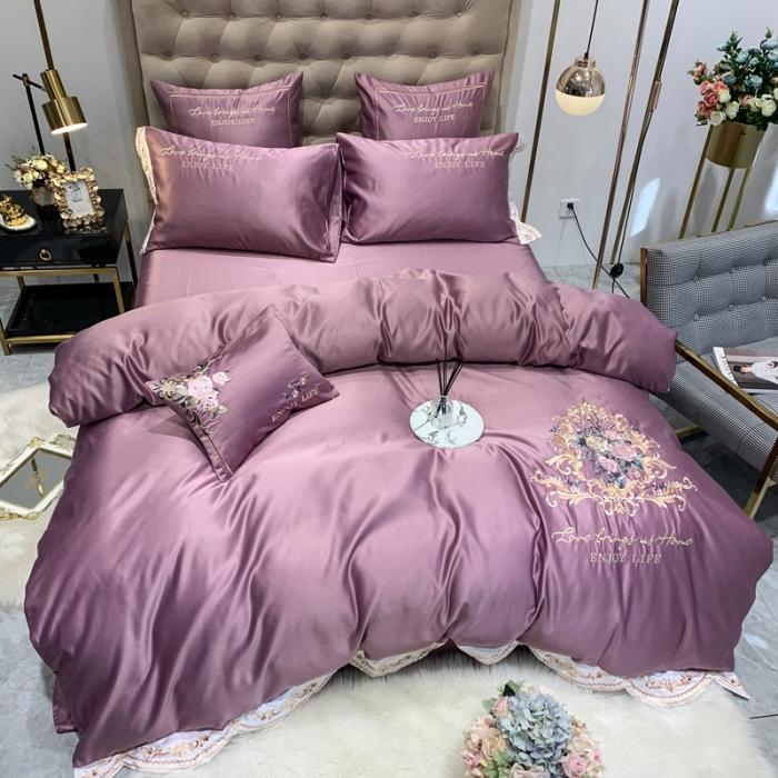 91家纺网 家纺一手货源 找家纺 安妮 2020新款AB版水洗真丝贡缎全棉四件套 紫色