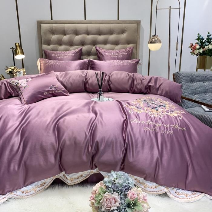 91家纺网 家纺一手货源 找家纺 安妮 2020新款AB版水洗真丝贡缎全棉四件套 紫色