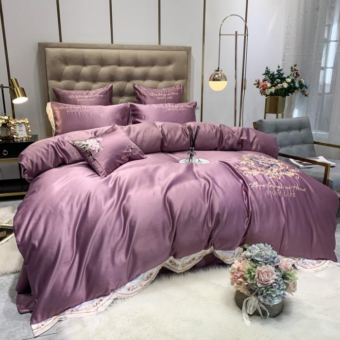 91家纺网 家纺一手货源 找家纺 安妮 2020新款AB版水洗真丝贡缎全棉四件套 紫色