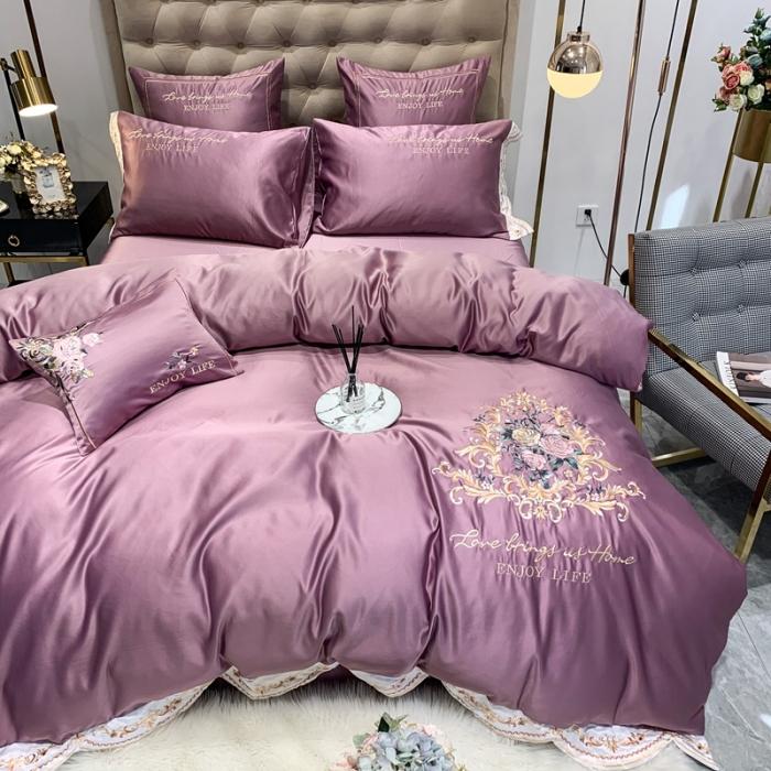 91家纺网 家纺一手货源 找家纺 安妮 2020新款AB版水洗真丝贡缎全棉四件套 紫色