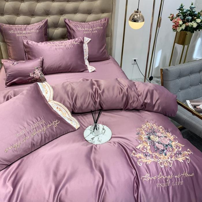 91家纺网 家纺一手货源 找家纺 安妮 2020新款AB版水洗真丝贡缎全棉四件套 紫色