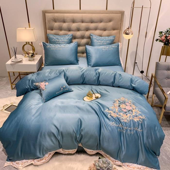 91家纺网 家纺一手货源 找家纺 安妮 2020新款双面水洗真丝贡缎四件套 湖蓝