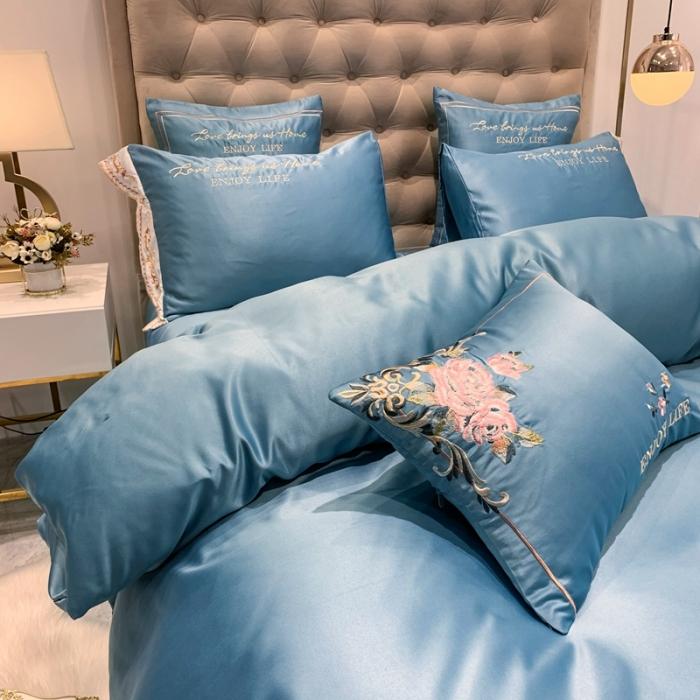 91家纺网 家纺一手货源 找家纺 安妮 2020新款双面水洗真丝贡缎四件套 湖蓝