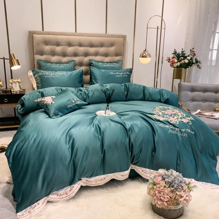 91家纺网 家纺一手货源 找家纺 安妮 2020新款双面水洗真丝贡缎四件套 墨绿