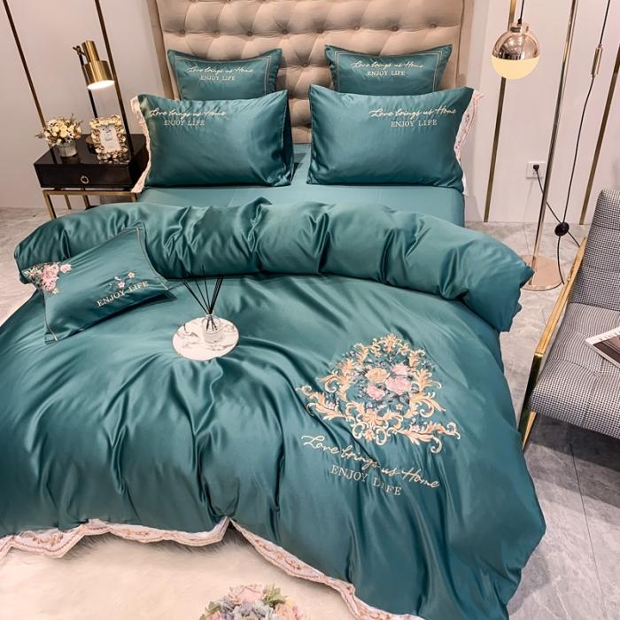 91家纺网 家纺一手货源 找家纺 安妮 2020新款双面水洗真丝贡缎四件套 墨绿