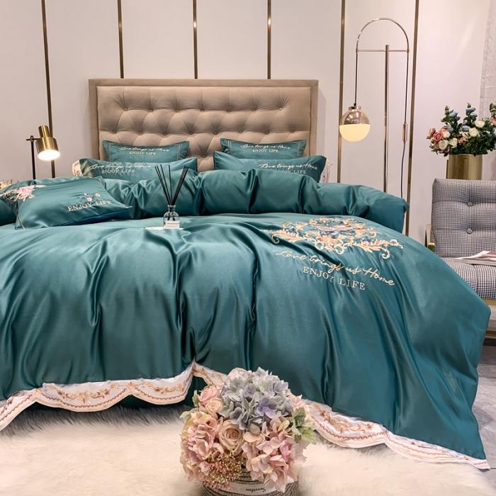 91家纺网 家纺一手货源 找家纺 安妮 2020新款双面水洗真丝贡缎四件套 墨绿