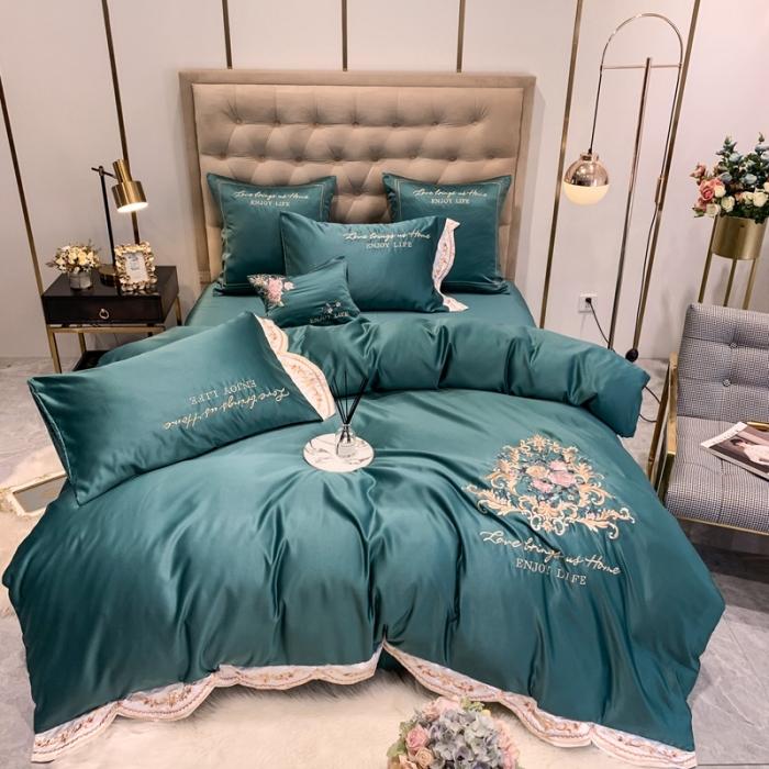 91家纺网 家纺一手货源 找家纺 安妮 2020新款双面水洗真丝贡缎四件套 墨绿