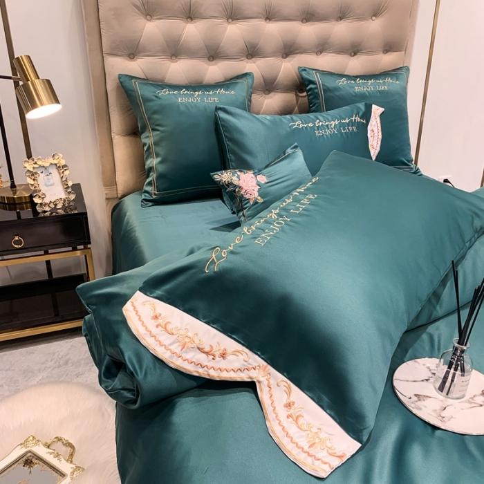 91家纺网 家纺一手货源 找家纺 安妮 2020新款双面水洗真丝贡缎四件套 墨绿