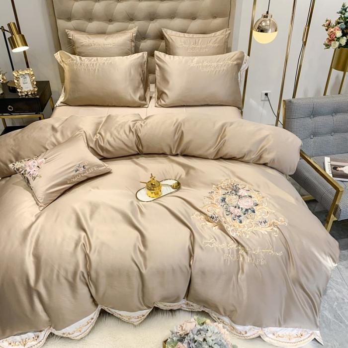 91家纺网 家纺一手货源 找家纺 安妮 2020新款双面水洗真丝贡缎四件套 浅咖