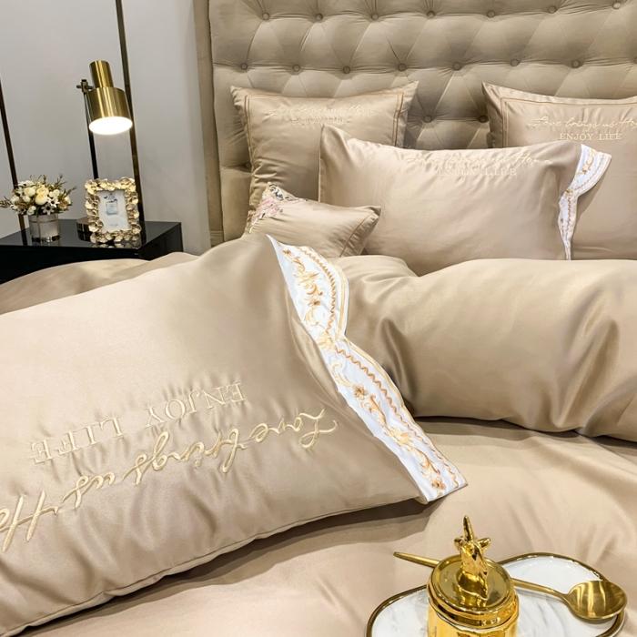 91家纺网 家纺一手货源 找家纺 安妮 2020新款双面水洗真丝贡缎四件套 浅咖