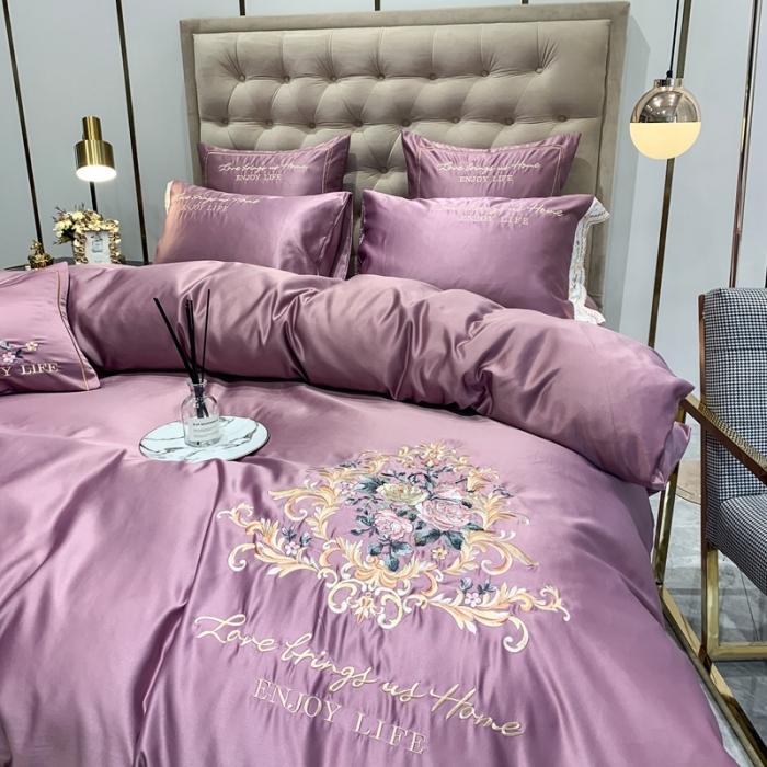 91家纺网 家纺一手货源 找家纺 安妮 2020新款双面水洗真丝贡缎四件套 紫色