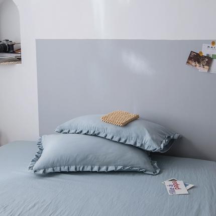 91家纺网 家纺一手货源 找家纺 轻奢坊 2023日系褶皱短花边单品枕套48*74cm 清水蓝一对