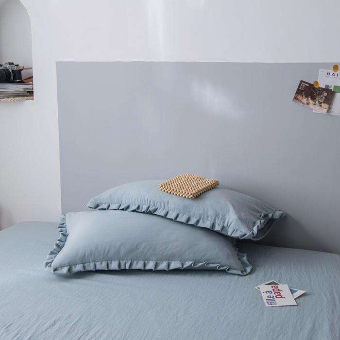 91家纺网 家纺一手货源 找家纺 轻奢坊 2023日系褶皱短花边单品枕套48*74cm 清水蓝一对