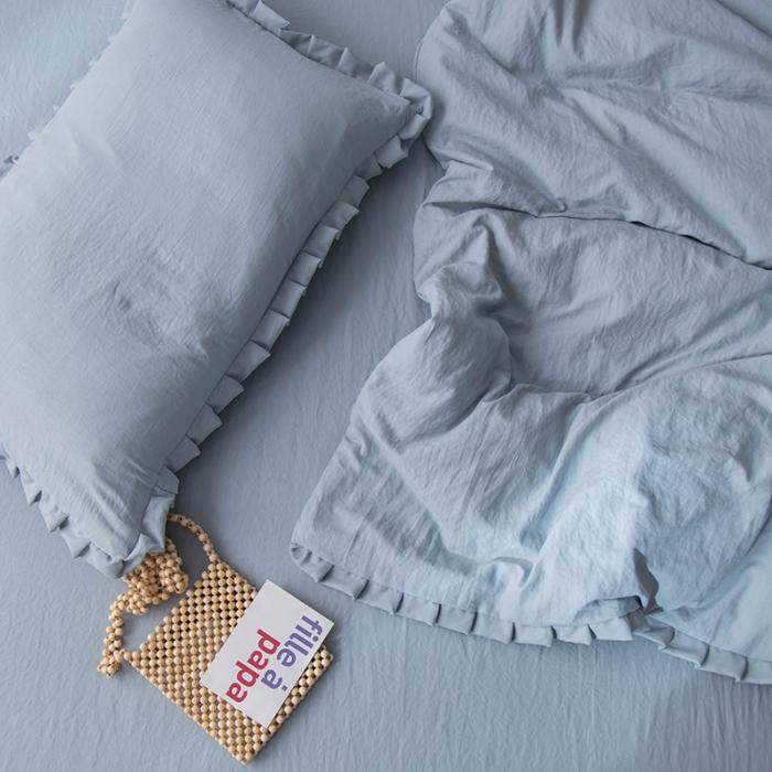 91家纺网 家纺一手货源 找家纺 轻奢坊 2023日系褶皱短花边单品枕套48*74cm 清水蓝一对