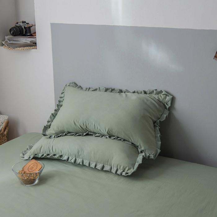 91家纺网 家纺一手货源 找家纺 轻奢坊 2023日系褶皱短花边单品枕套48*74cm 月白绿一只