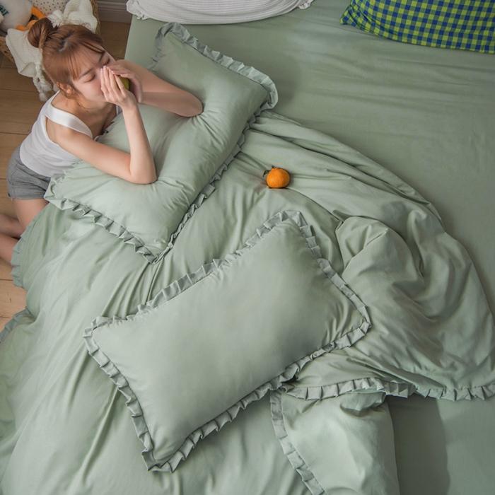 91家纺网 家纺一手货源 找家纺 轻奢坊 2023日系褶皱短花边单品枕套48*74cm 月白绿一只