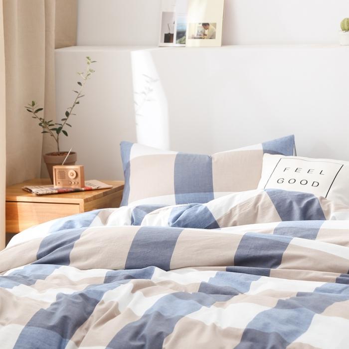 91家纺网 家纺一手货源 找家纺 久典家纺2019色织水洗棉基础款系列汇总四件套床单款蓝白大格