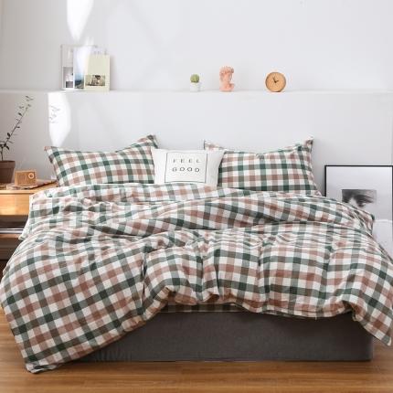 91家纺网 家纺一手货源 找家纺 久典家纺 2019色织水洗棉基础款系列汇总四件套床单款中格绿