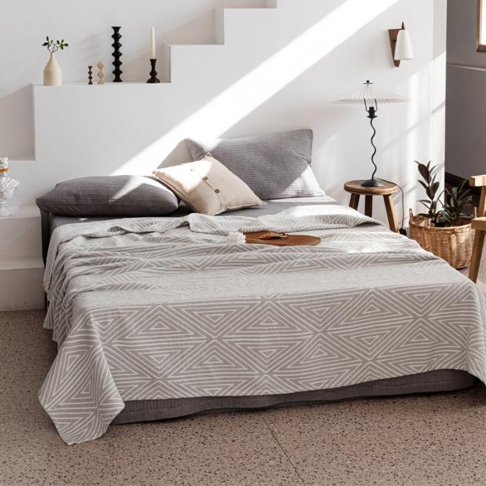 91家纺网 家纺一手货源 找家纺 朴尔 2020年新款加厚三层水洗棉全棉纱布毛巾被 等边三角-浅灰