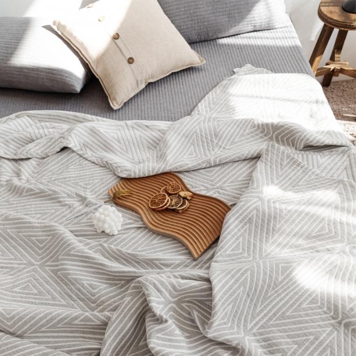 91家纺网 家纺一手货源 找家纺 朴尔 2020年新款加厚三层水洗棉全棉纱布毛巾被 等边三角-浅灰