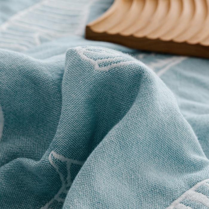 91家纺网 家纺一手货源 找家纺 朴尔 2020年新款加厚三层水洗棉全棉纱布毛巾被 复古鱼-兰