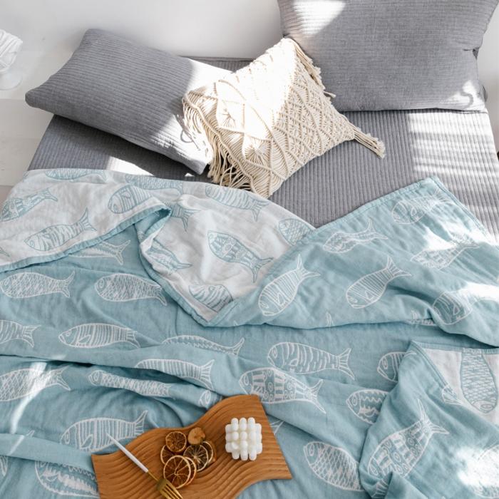 91家纺网 家纺一手货源 找家纺 朴尔 2020年新款加厚三层水洗棉全棉纱布毛巾被 复古鱼-兰