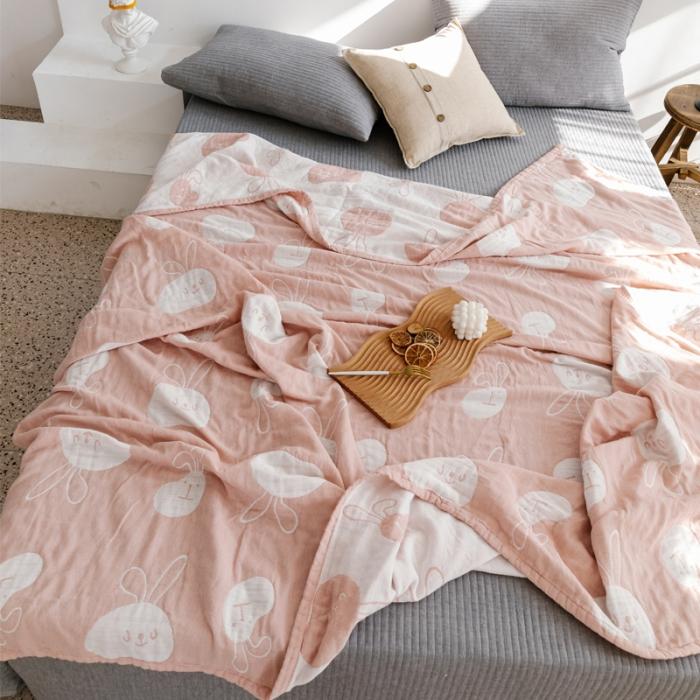 91家纺网 家纺一手货源 找家纺 朴尔 2020年新款加厚三层水洗棉全棉纱布毛巾被 灵动兔-粉