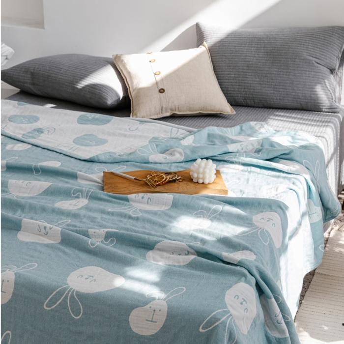 91家纺网 家纺一手货源 找家纺 朴尔 2020年新款加厚三层水洗棉全棉纱布毛巾被 灵动兔-兰