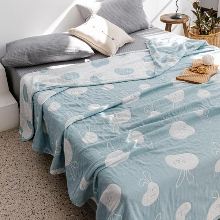 91家纺网 家纺一手货源 找家纺 朴尔 2020年新款加厚三层水洗棉全棉纱布毛巾被 灵动兔-兰