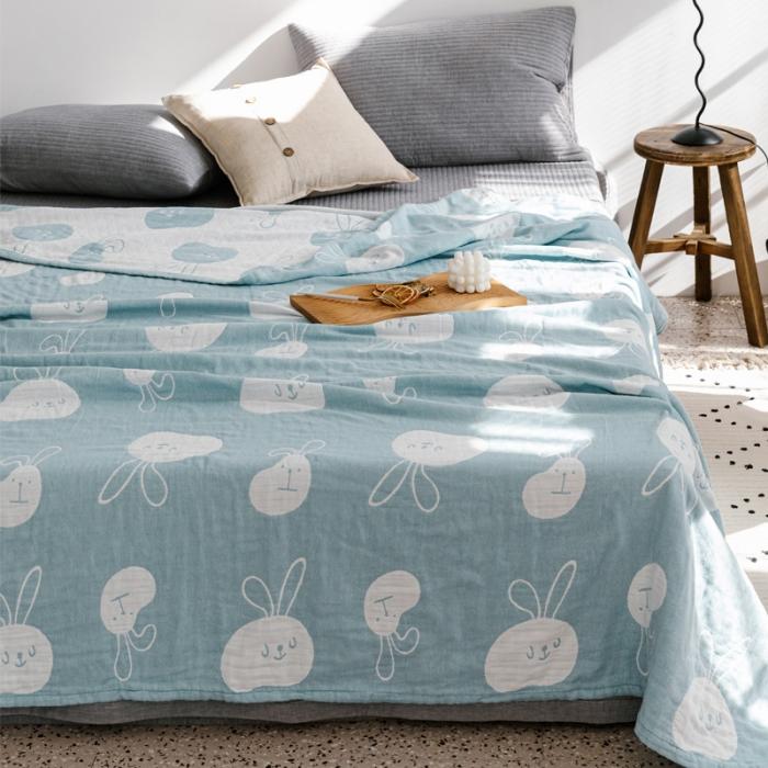 91家纺网 家纺一手货源 找家纺 朴尔 2020年新款加厚三层水洗棉全棉纱布毛巾被 灵动兔-兰