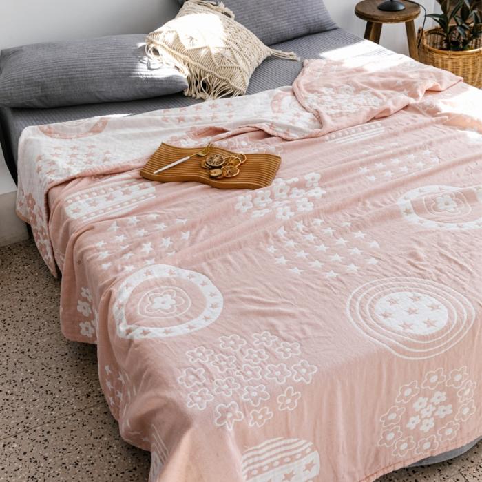 91家纺网 家纺一手货源 找家纺 朴尔 2020年新款加厚三层水洗棉全棉纱布毛巾被 星星点点-粉