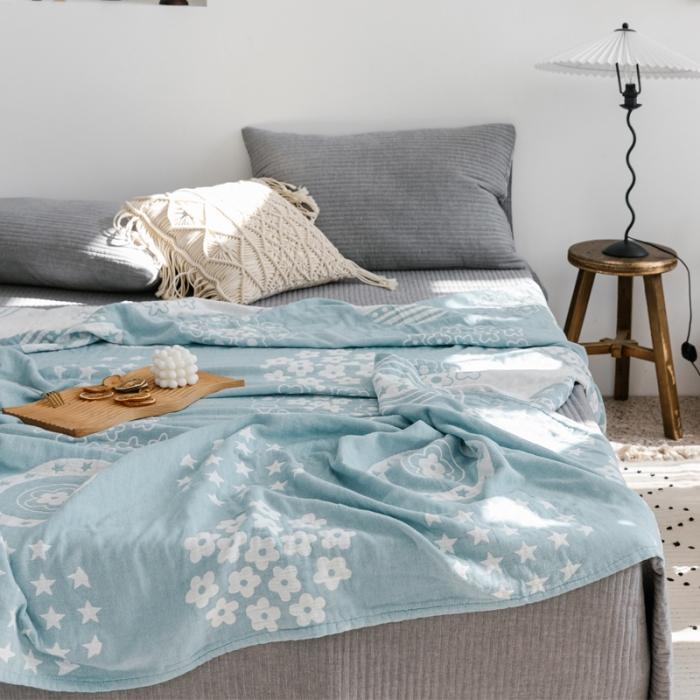 91家纺网 家纺一手货源 找家纺 朴尔 2020年新款加厚三层水洗棉全棉纱布毛巾被 星星点点-兰