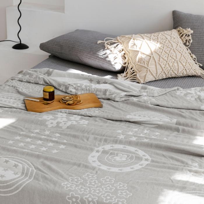 91家纺网 家纺一手货源 找家纺 朴尔 2020年新款加厚三层水洗棉全棉纱布毛巾被 星星点点-浅灰