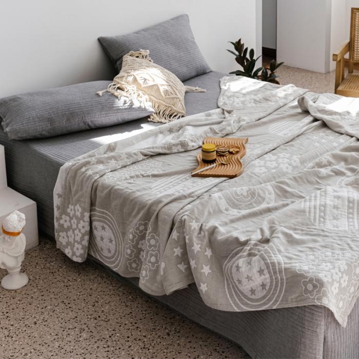 91家纺网 家纺一手货源 找家纺 朴尔 2020年新款加厚三层水洗棉全棉纱布毛巾被 星星点点-浅灰