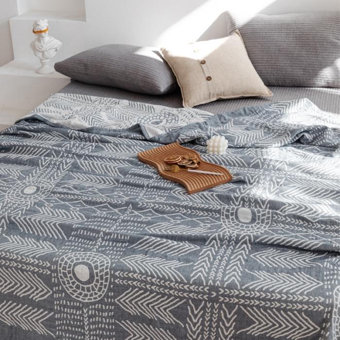 91家纺网 家纺一手货源 找家纺 朴尔 2020年新款加厚三层水洗棉全棉纱布毛巾被 印第安图腾-灰