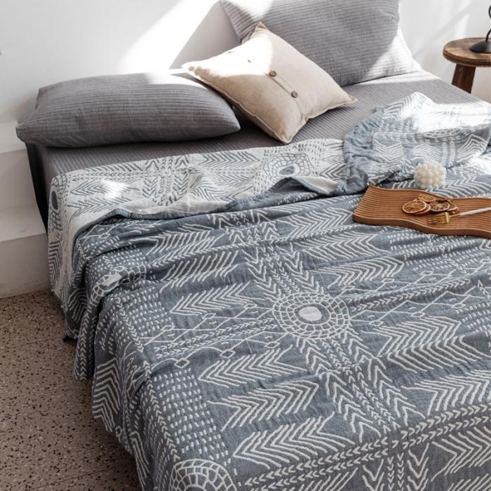 91家纺网 家纺一手货源 找家纺 朴尔 2020年新款加厚三层水洗棉全棉纱布毛巾被 印第安图腾-灰